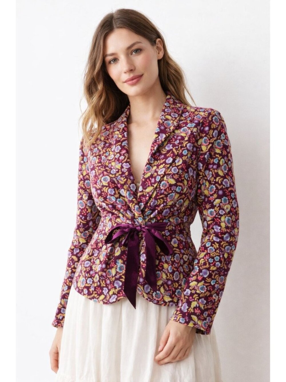 Free People Purple Floral Velvet Jacket Cinch Waist Satin Tie Boho Cottage Core